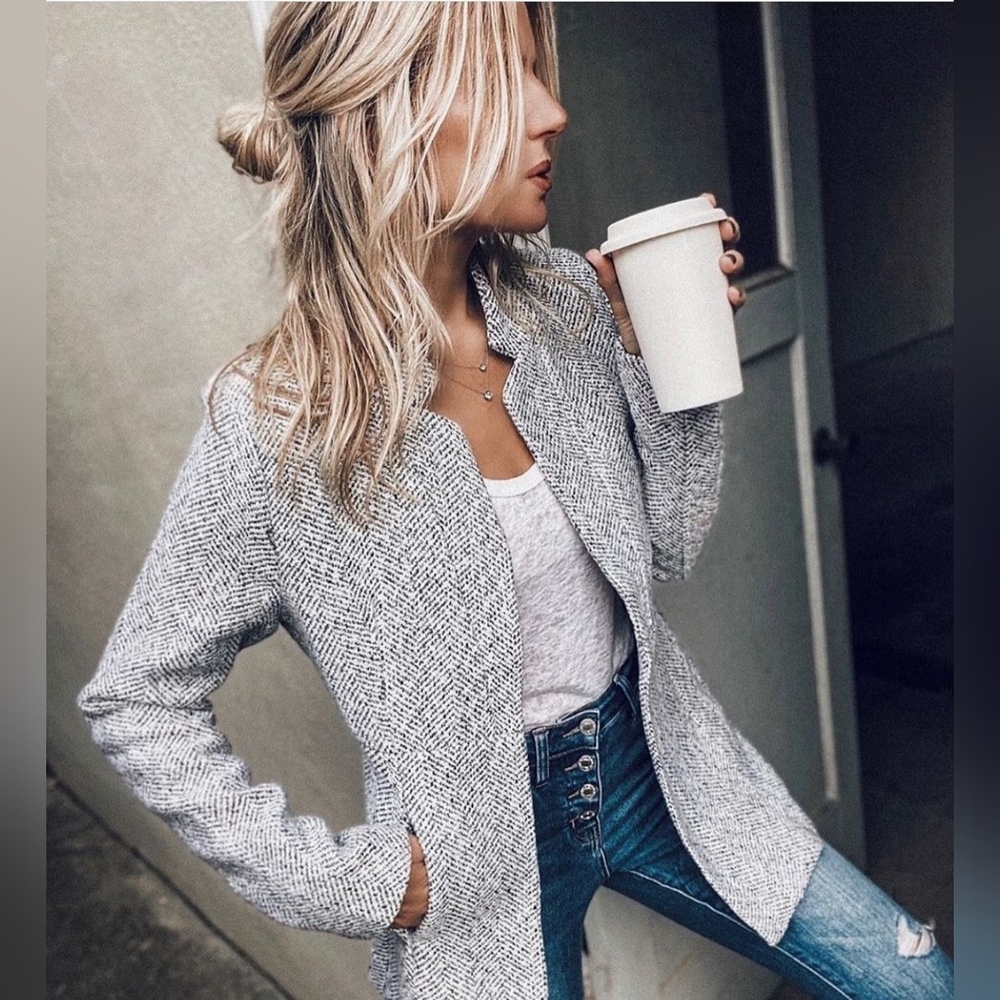 NEW Magnolia Boutique Open Front Pocket Herringbone Coat
